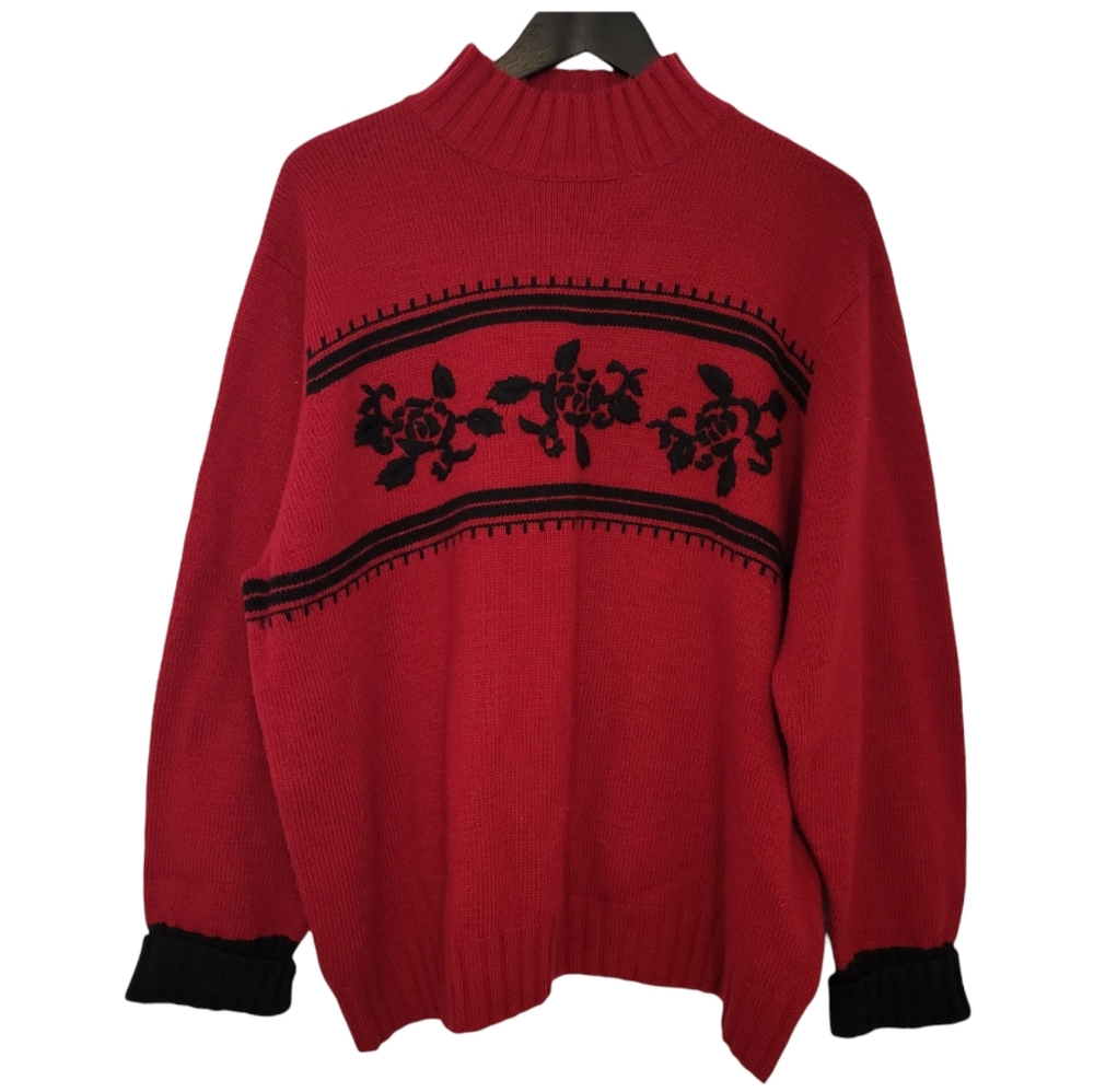 Evan Picone women's vintage mock neck sweater red with black embroidery Size 3X